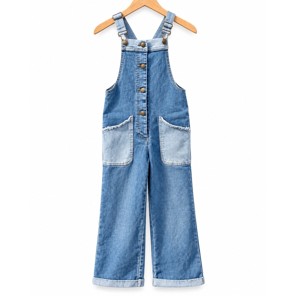 Boboli Girls Denim Overalls Jumpsuit Size 8 128cm Wide Leg Distressed Pockets